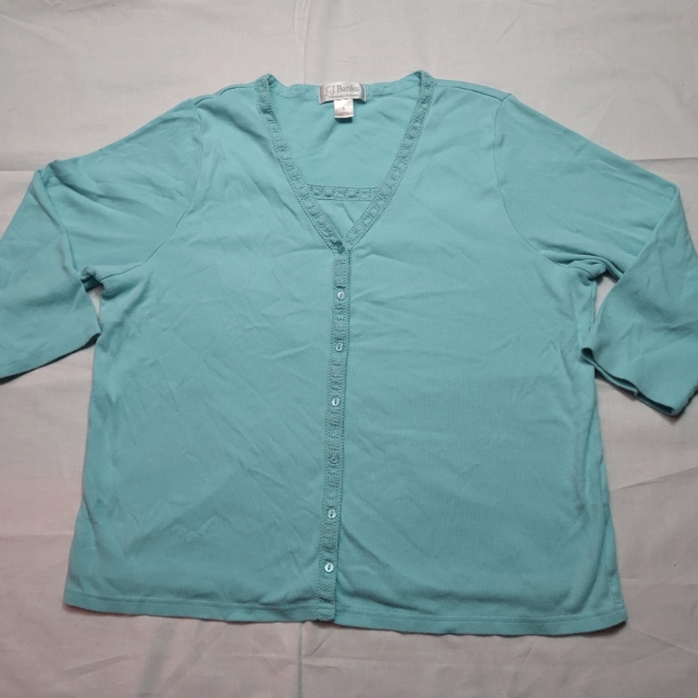 CJ Banks Shirt Women's 1X Blue Layered Top Long Sleeve V Neck Button Down Tee